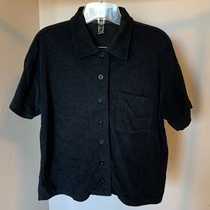 Forever 21 black short sleeve button up top size medium soft fuzzy velour like